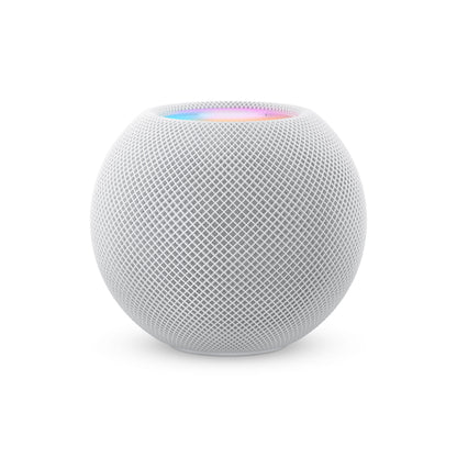 Apple HomePod mini hvid, kugleformet smart-højttaler med mesh-overflade og farverigt lysdisplay øverst.