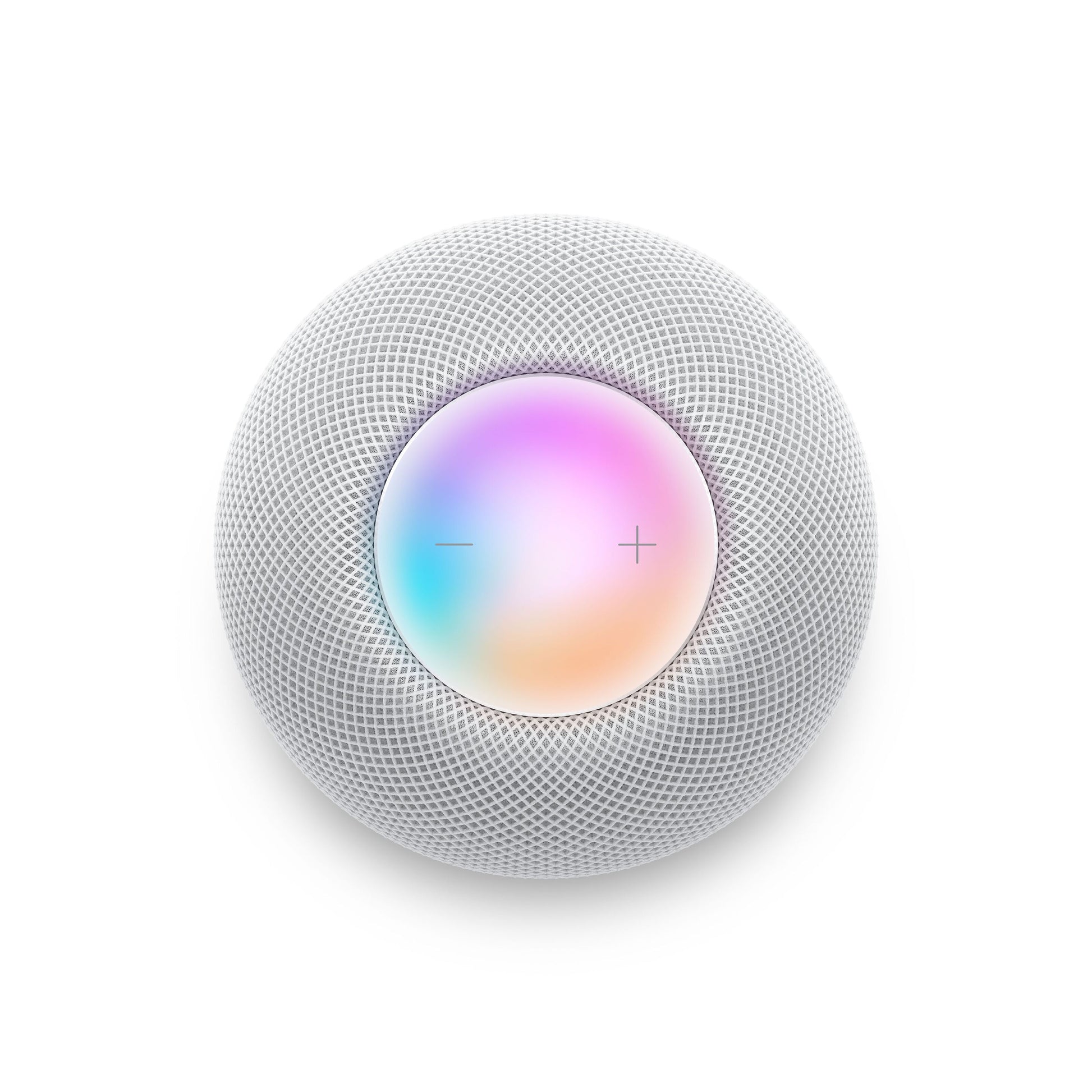 Apple HomePod mini hvid smart højttaler med Siri stemmestyring og lysende flerfarvet touchpad med volumenknapper, topvinkel.