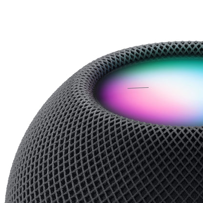 Apple HomePod mini Hvid, mesh-overflade, synligt blå/lilla/lyserødt lys for aktiv Siri-stemmestyring.