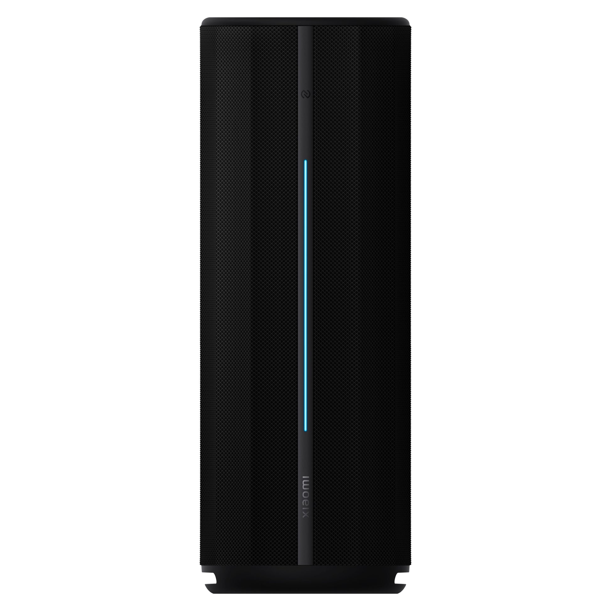 Xiaomi trådløs højttaler 40W sort, rektangulær, vertikal blå LED-stribe, Xiaomi logo nederst, IP67 vandafvisende.