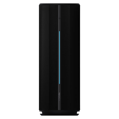 Xiaomi trådløs højttaler 40W sort, rektangulær, vertikal blå LED-stribe, Xiaomi logo nederst, IP67 vandafvisende.