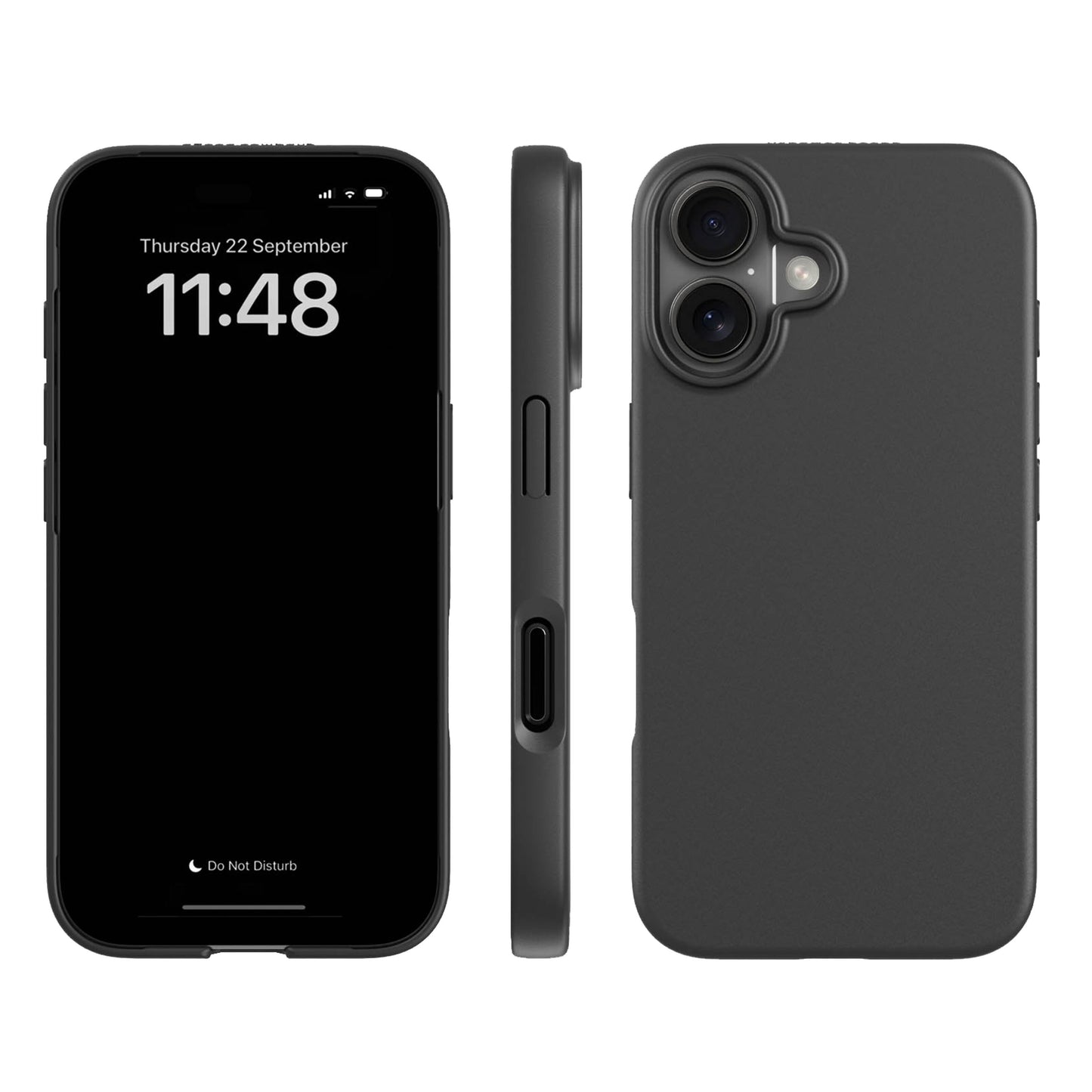 Plantebaseret mobilcover til iPhone 16 Sort, set forfra med ur, fra siden med knapper/port og bagpå med dobbelt kamerahul.