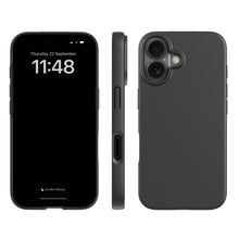 Plantebaseret mobilcover til iPhone 16 Sort, set forfra med ur, fra siden med knapper/port og bagpå med dobbelt kamerahul.