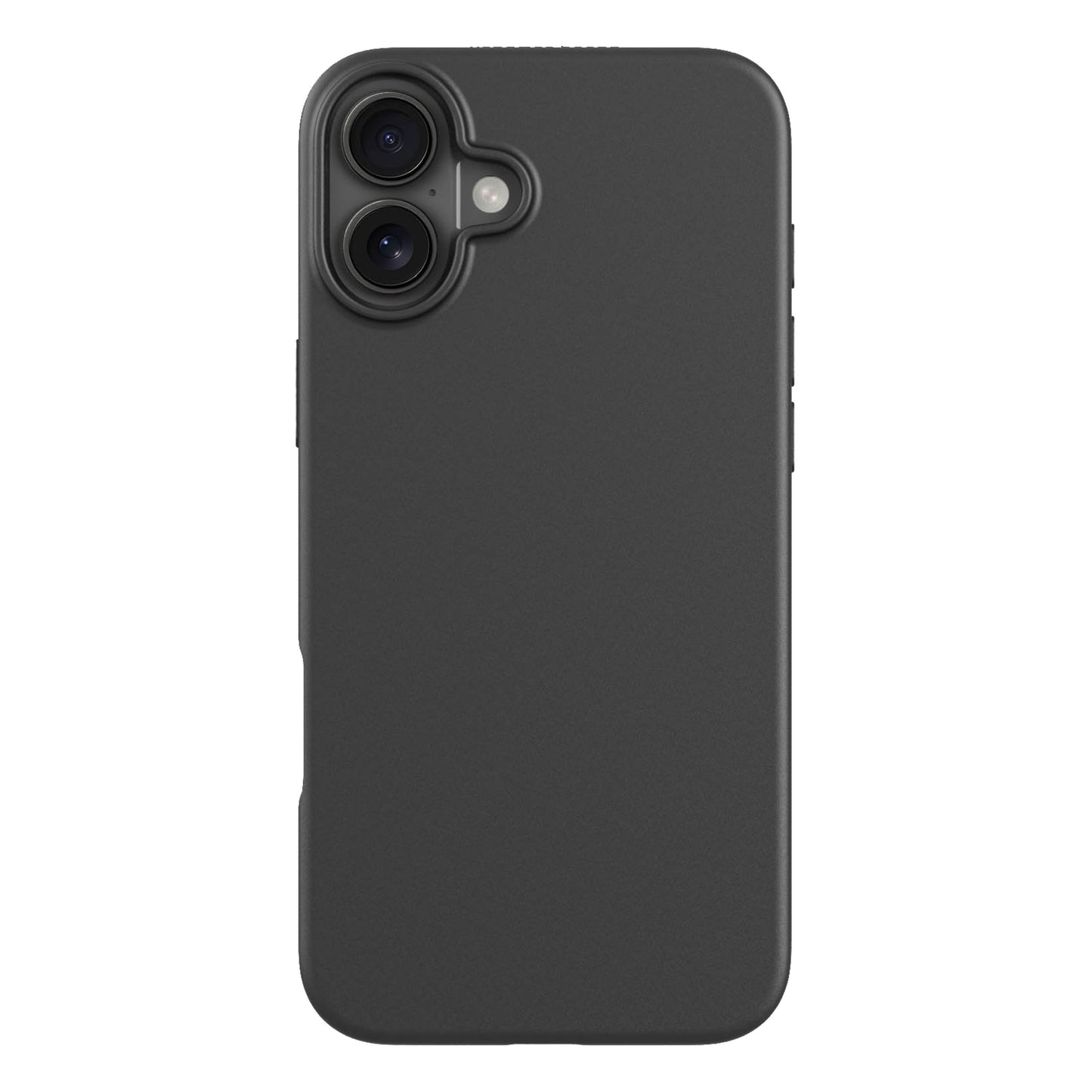 IPhone 16 Plus sort bagside med dobbelt kamera og flash, plantebaseret sort mobilcover.