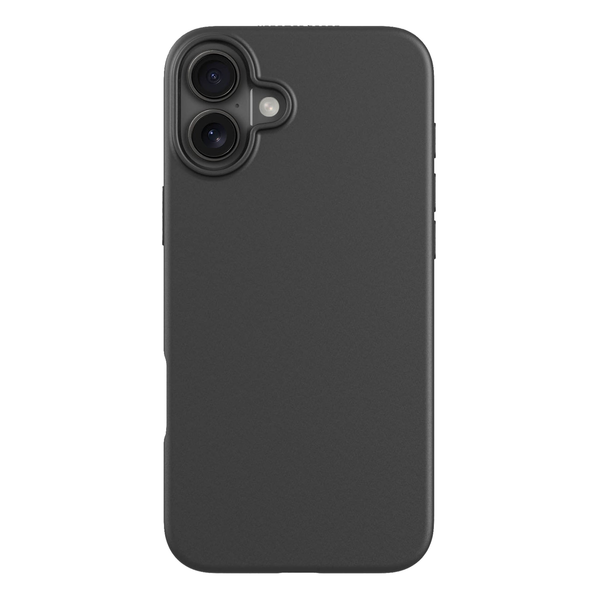 IPhone 16 Plus sort bagside med dobbelt kamera og flash, plantebaseret sort mobilcover.