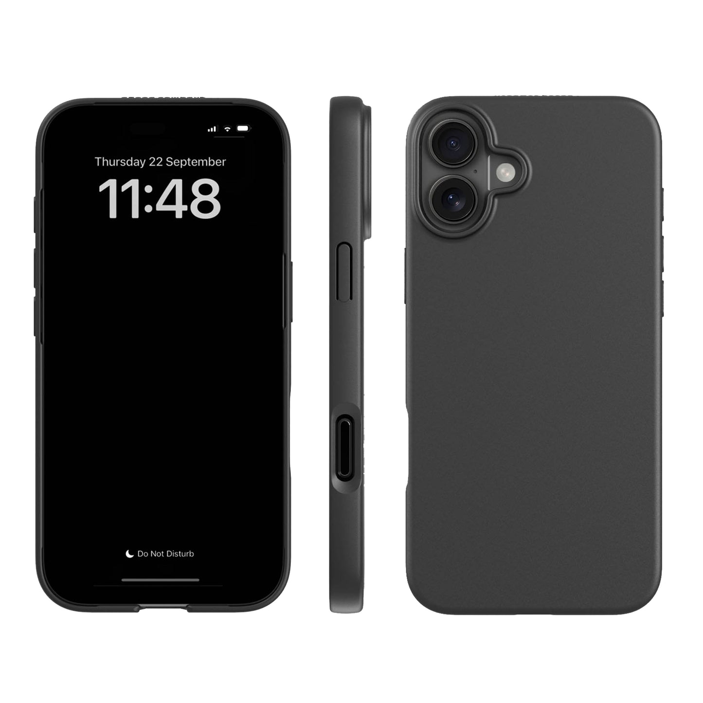 Apple iPhone 16 Plus sort, plantebaseret mobilcover, forside kl 11:48, venstre side og bagside med dobbeltkamera.