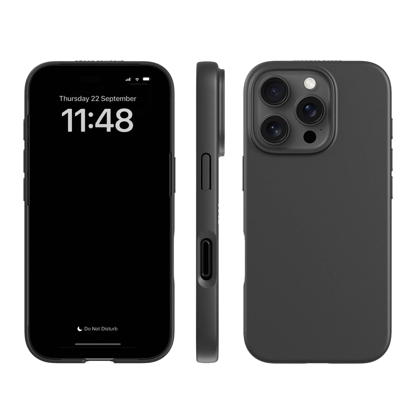 Plantebaseret mobilcover iPhone 16 Pro Sort, front med låseskærm, side med knapper/port, bagside med tre kameraer og blitz.