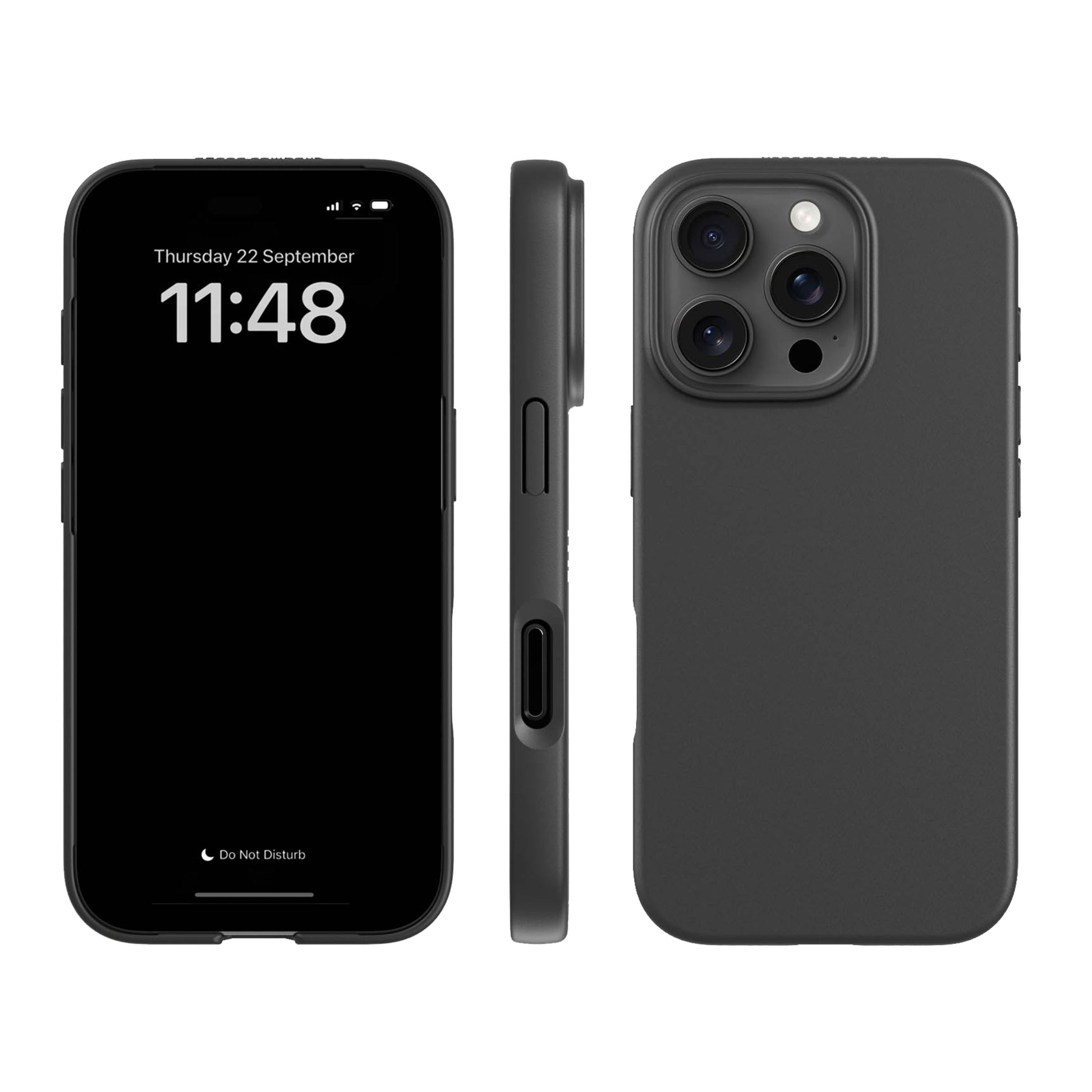 Plantebaseret mobilcover iPhone 16 Pro Sort, front med låseskærm, side med knapper/port, bagside med tre kameraer og blitz.