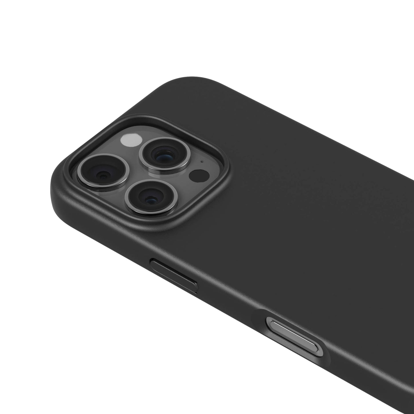 IPhone 16 Pro bagside med tre kameraer og blitz, Plante-baseret mobilcover sort.