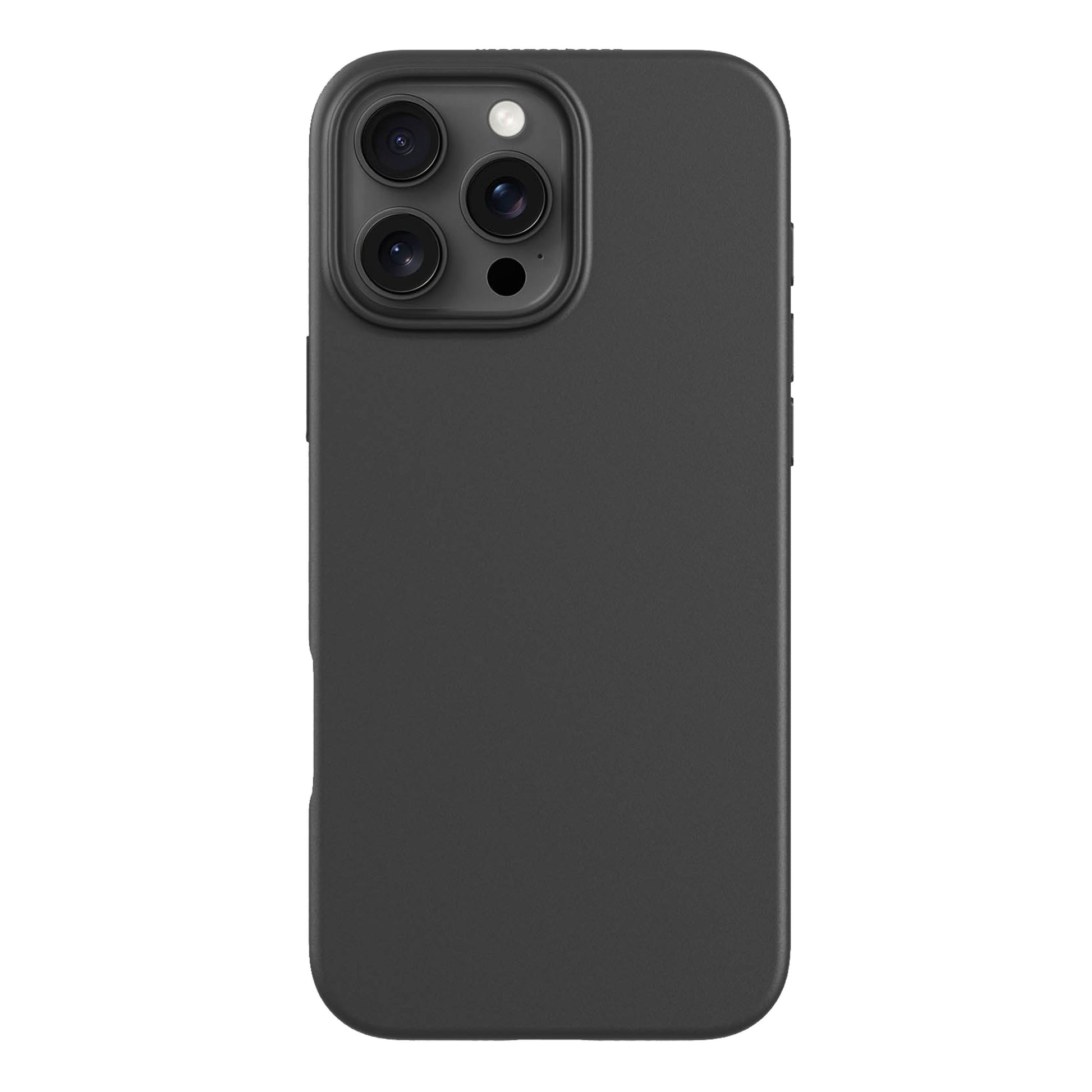 Plantebaseret mobilcover til iPhone 16 Pro Max Sort, mat sort, passer til triple bagkamera og flash.
