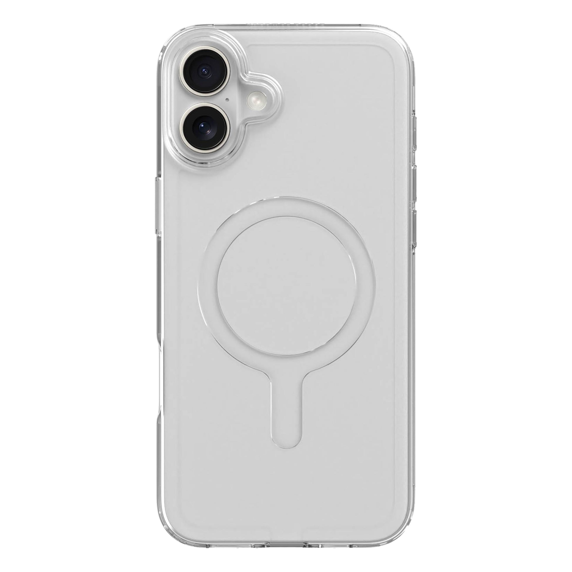 Agood company mobilcover iPhone 16 Plus Klar transparent med MagSafe-ring bagpå, vises på iPhone 16 Plus med to kameraer.
