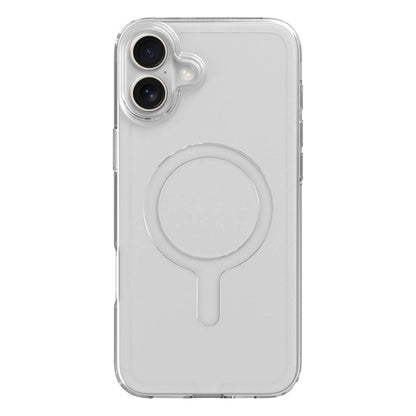 Agood company mobilcover iPhone 16 Plus Klar transparent med MagSafe-ring bagpå, vises på iPhone 16 Plus med to kameraer.
