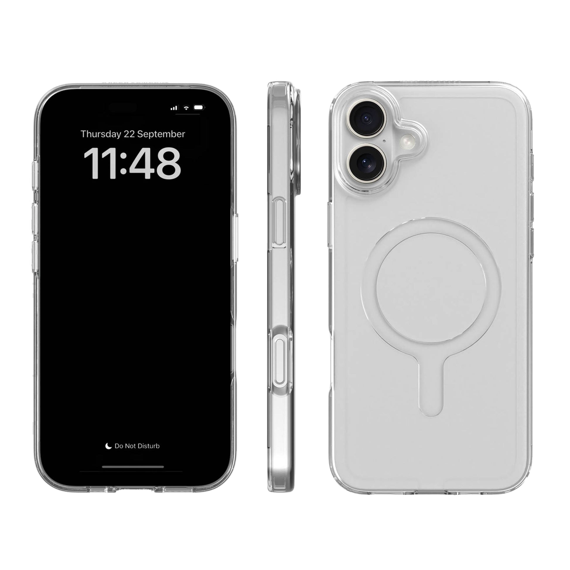 Agood company mobilcover iPhone 16 Plus klar vises forfra, fra siden og bagfra med MagSafe-cirkel omkring kameraet.
