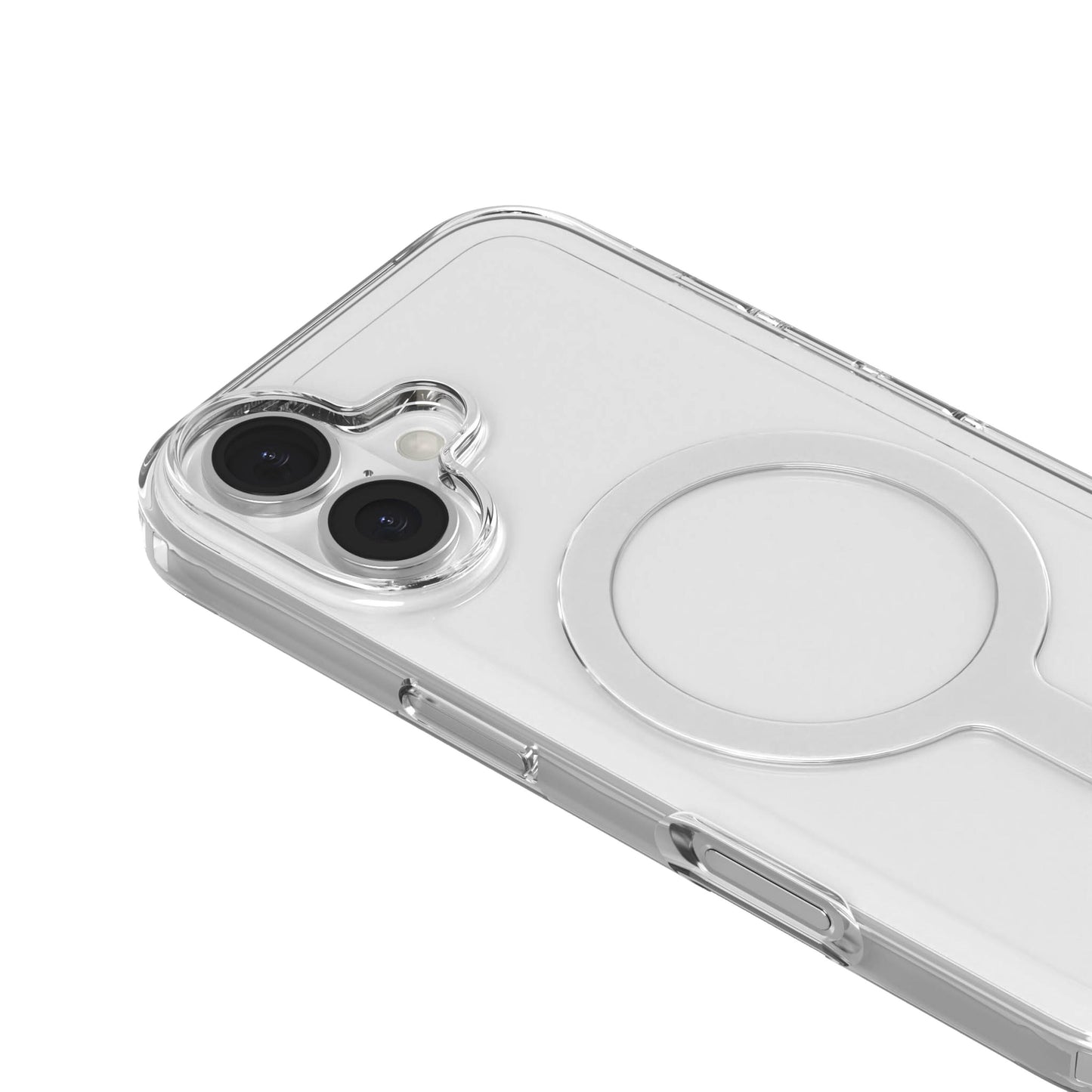Agood company mobilcover iPhone 16 Plus Klar, gennemsigtigt med MagSafe-ring, vist på iPhone 16 Plus med dual kamera.