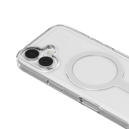 Agood company mobilcover iPhone 16 Plus Klar, gennemsigtigt med MagSafe-ring, vist på iPhone 16 Plus med dual kamera.