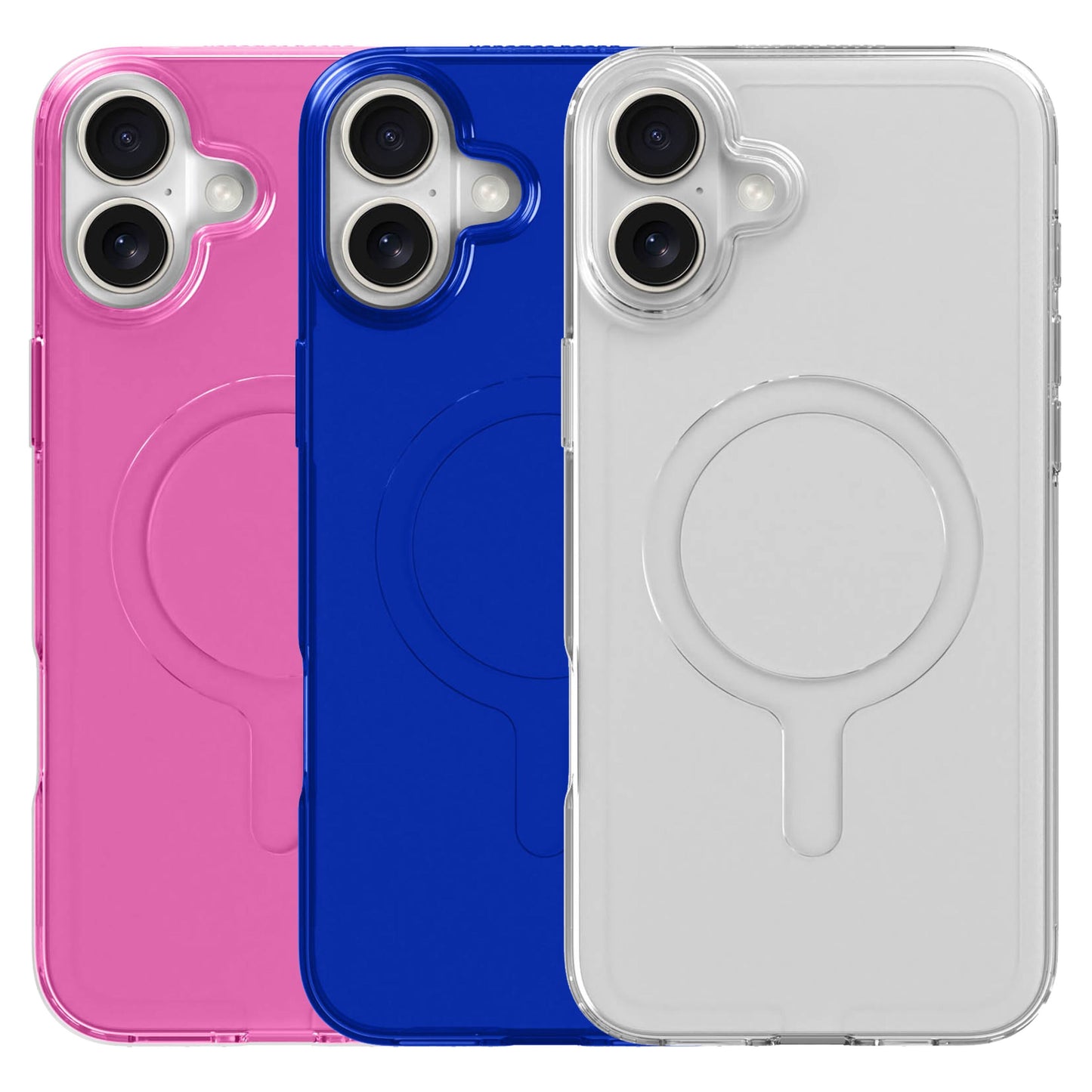 IPhone 16 Plus mobilcover genanvendeligt, pink, blå og transparent, MagSafe-ring, kameraudskæring øverst til venstre.