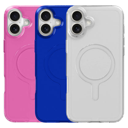 IPhone 16 Plus mobilcover genanvendeligt, pink, blå og transparent, MagSafe-ring, kameraudskæring øverst til venstre.