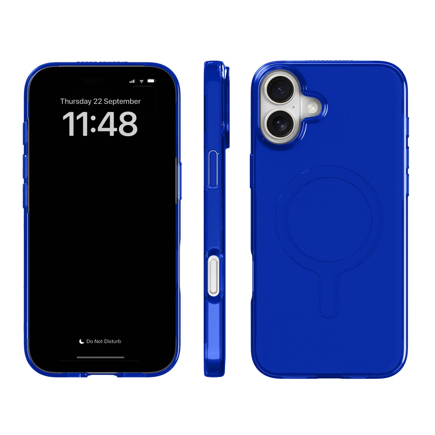 A Good Company mobilcover iPhone 16 Plus blå, front, slank sideprofil, bagside med kameraskæring og magnetisk opladningsring.