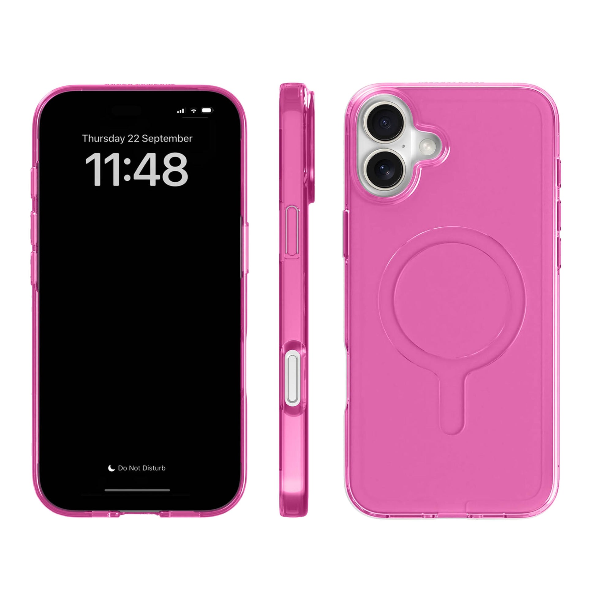 Mobilcover iPhone 16 Plus lyserød, transparent biobaseret, vises forfra, fra siden og bagpå med MagSafe-udskæring og dobbelt kameraåbning.