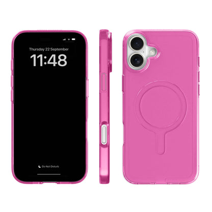 Mobilcover iPhone 16 Plus lyserød, transparent biobaseret, vises forfra, fra siden og bagpå med MagSafe-udskæring og dobbelt kameraåbning.