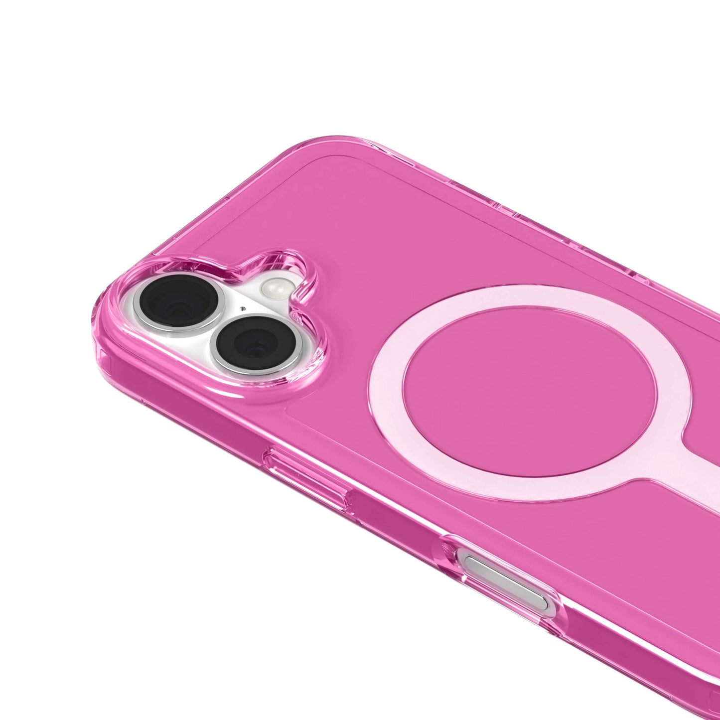 A Good Company mobilcover til iPhone 16 Plus lyserød, biobaseret transparent design, trådløs opladningscirkel, kamerahul.