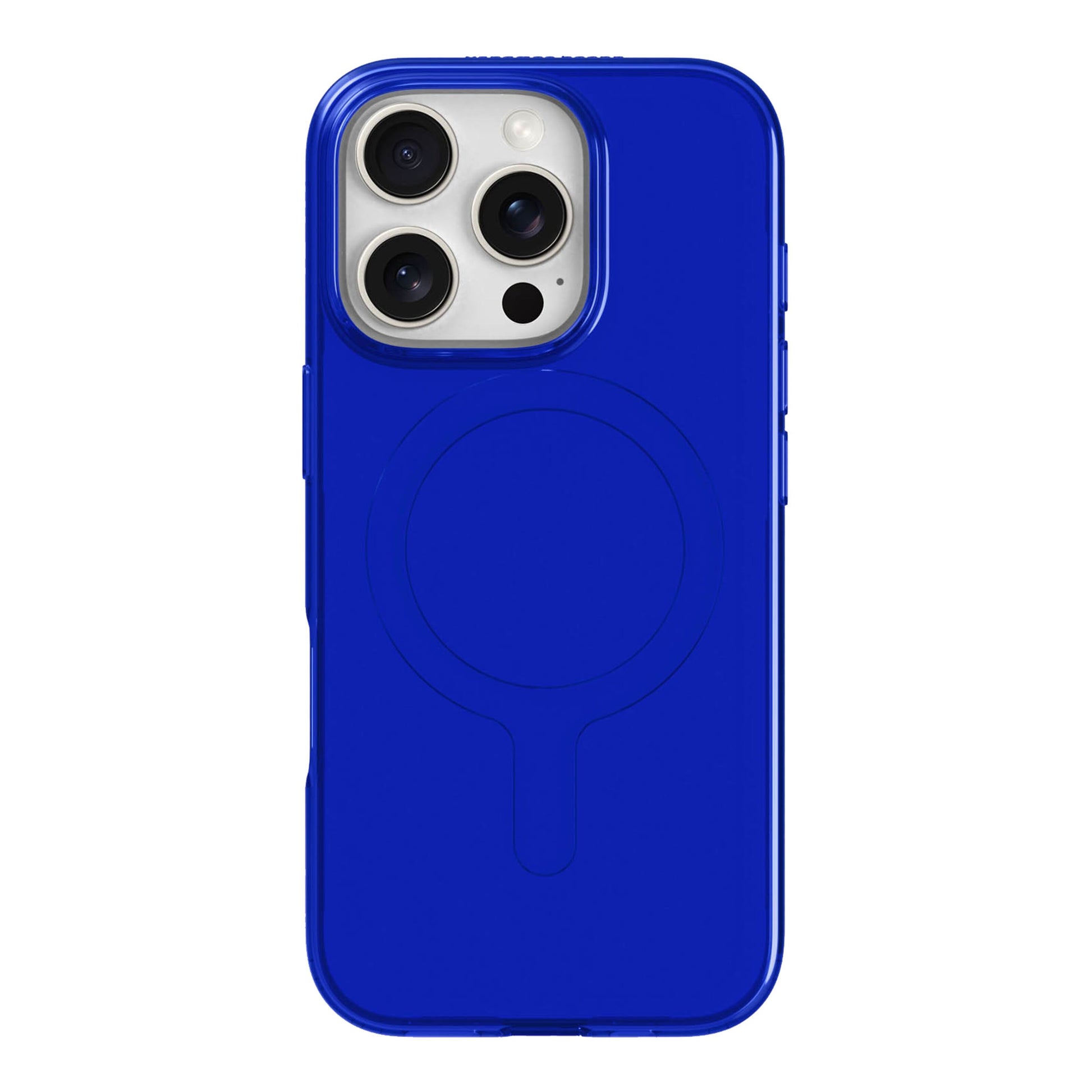 Mobilcover iPhone 16 Pro blå gennemsigtig med MagSafe-kompatibelt cirkeldesign plads til tre kameraer og blitz.