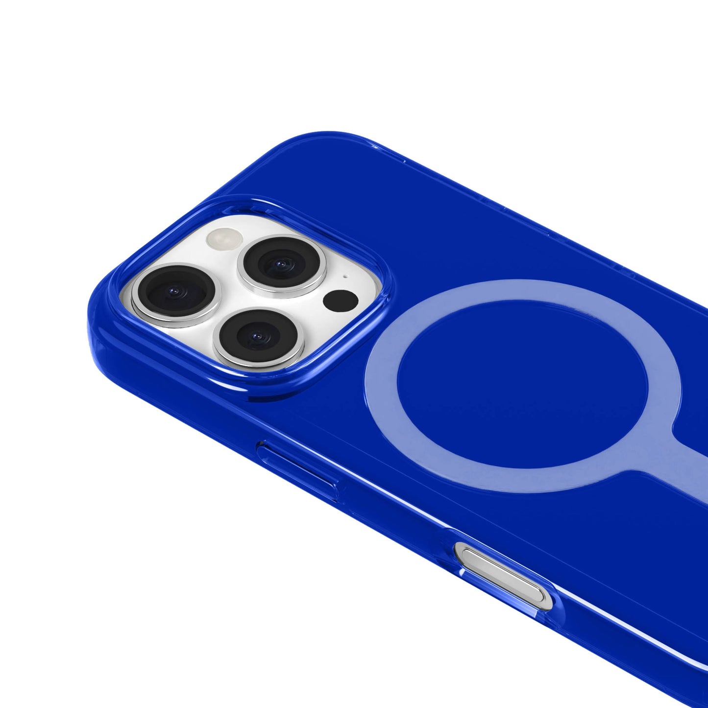 Mobilcover iPhone 16 Pro blå med MagSafe-kompatibel ring og gennemsigtigt design der viser triple-kamera-array.