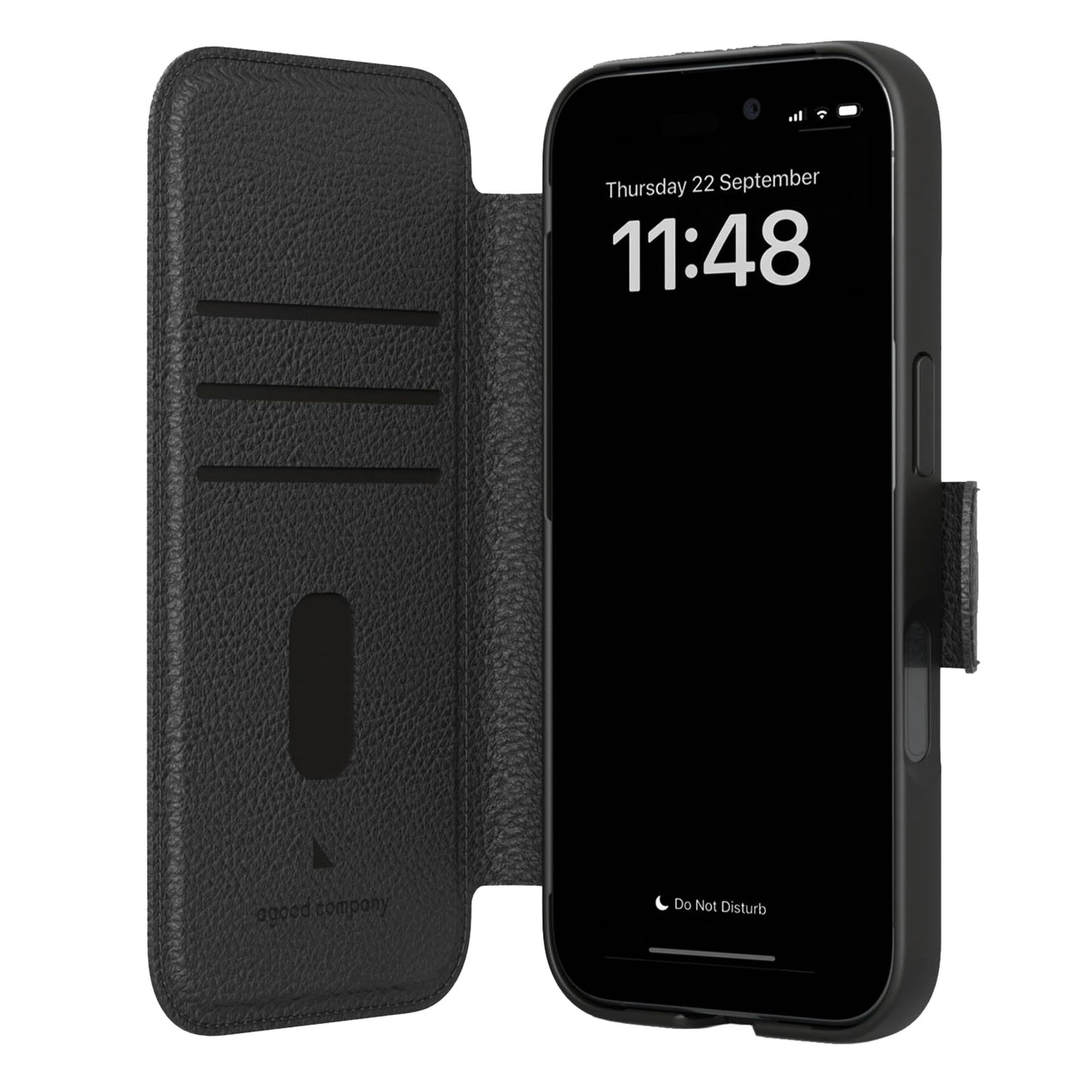 Agood company Mobilpung iPhone 16 Sort, åben med skærm, dato og tid, biolæder flip cover med kortholdere og struktur.
