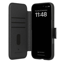 Agood company Mobilpung iPhone 16 Sort, åben med skærm, dato og tid, biolæder flip cover med kortholdere og struktur.