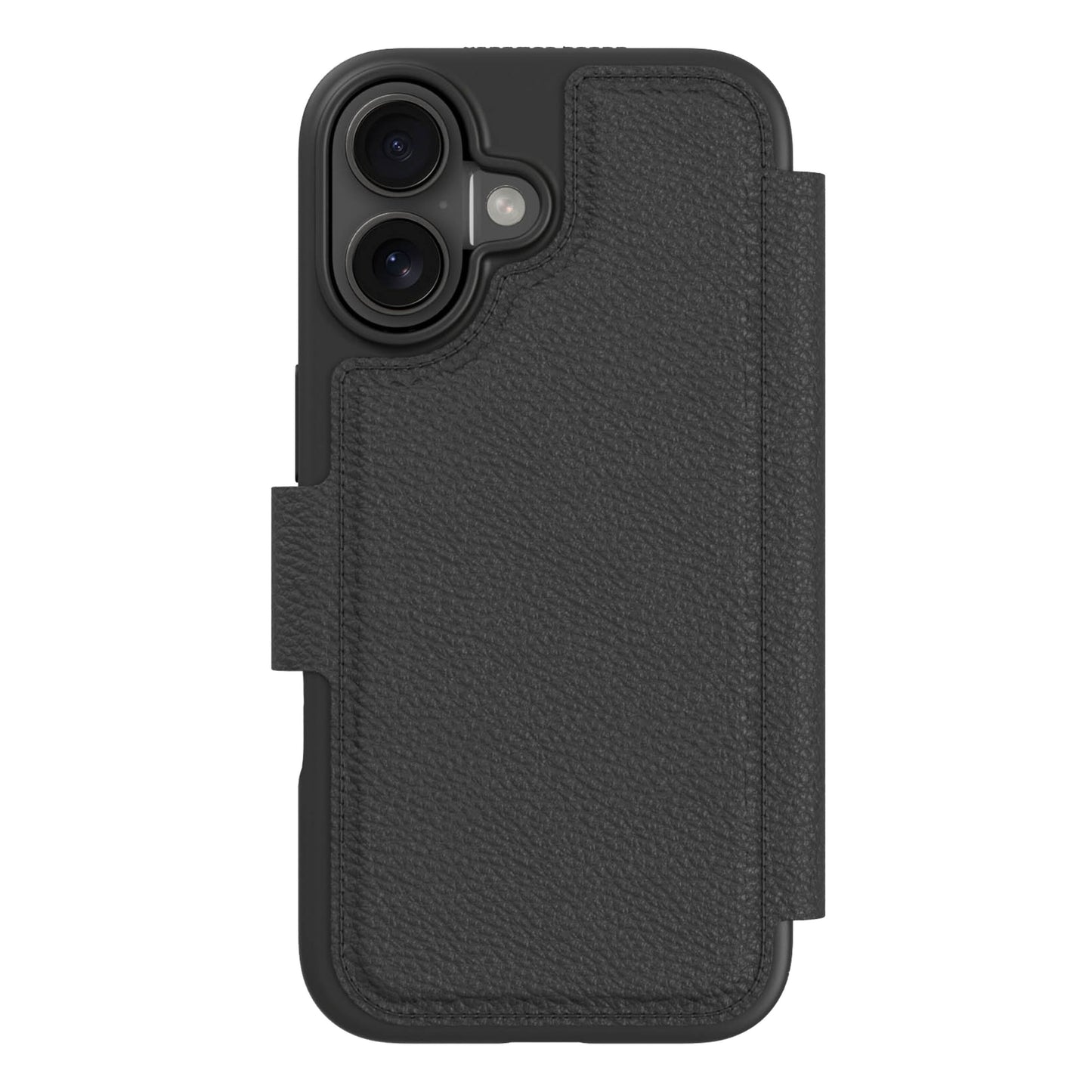 Mobilpung iPhone 16 Plus Sort med sort biobaseret læder, flaplukning med magnet og udsnit af dobbelt kamera.