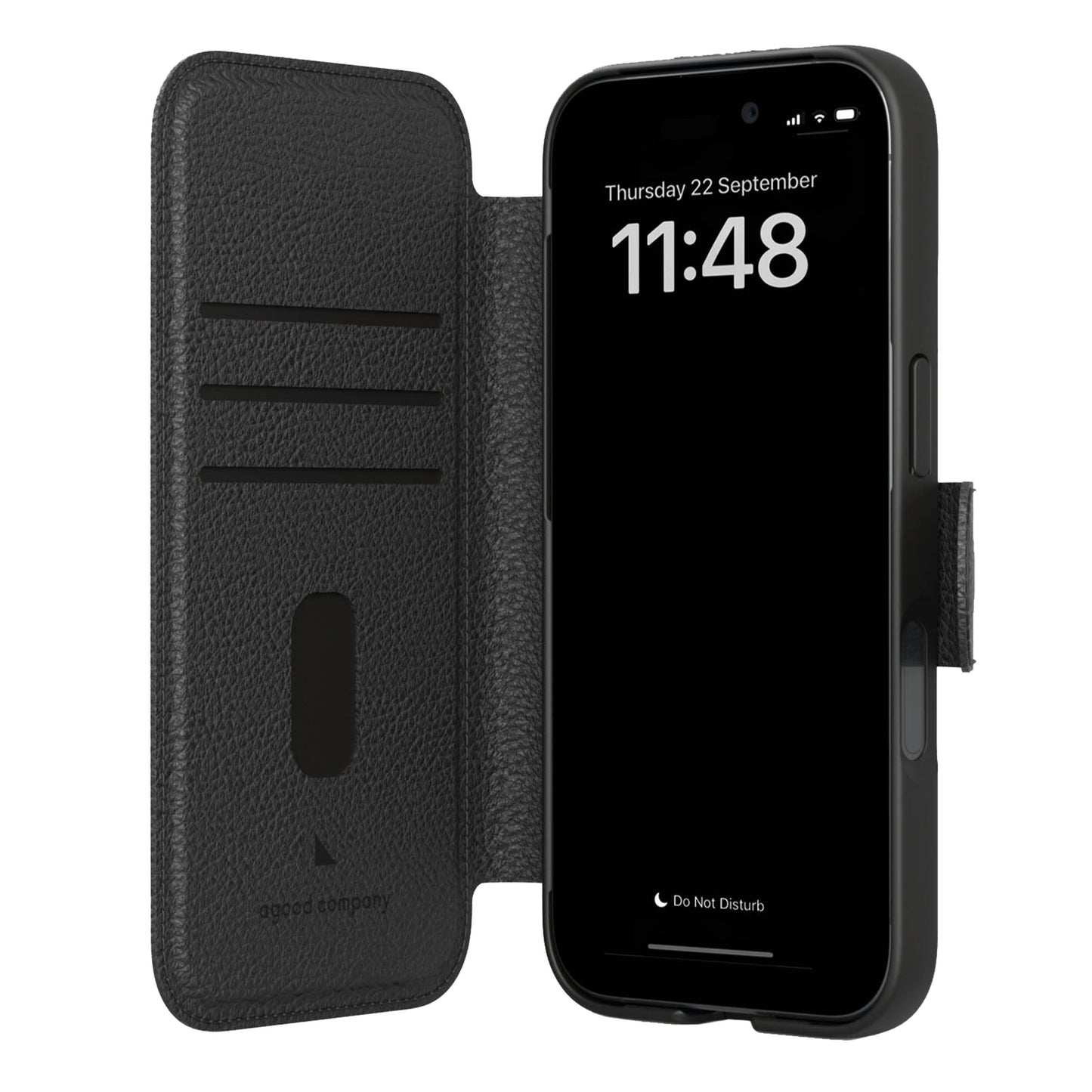 A Good Company Mobilpung iPhone 16 Plus Sort, sort biobaseret læder flipcover, kortholder, logo, skærm viser 11:48 22/9.