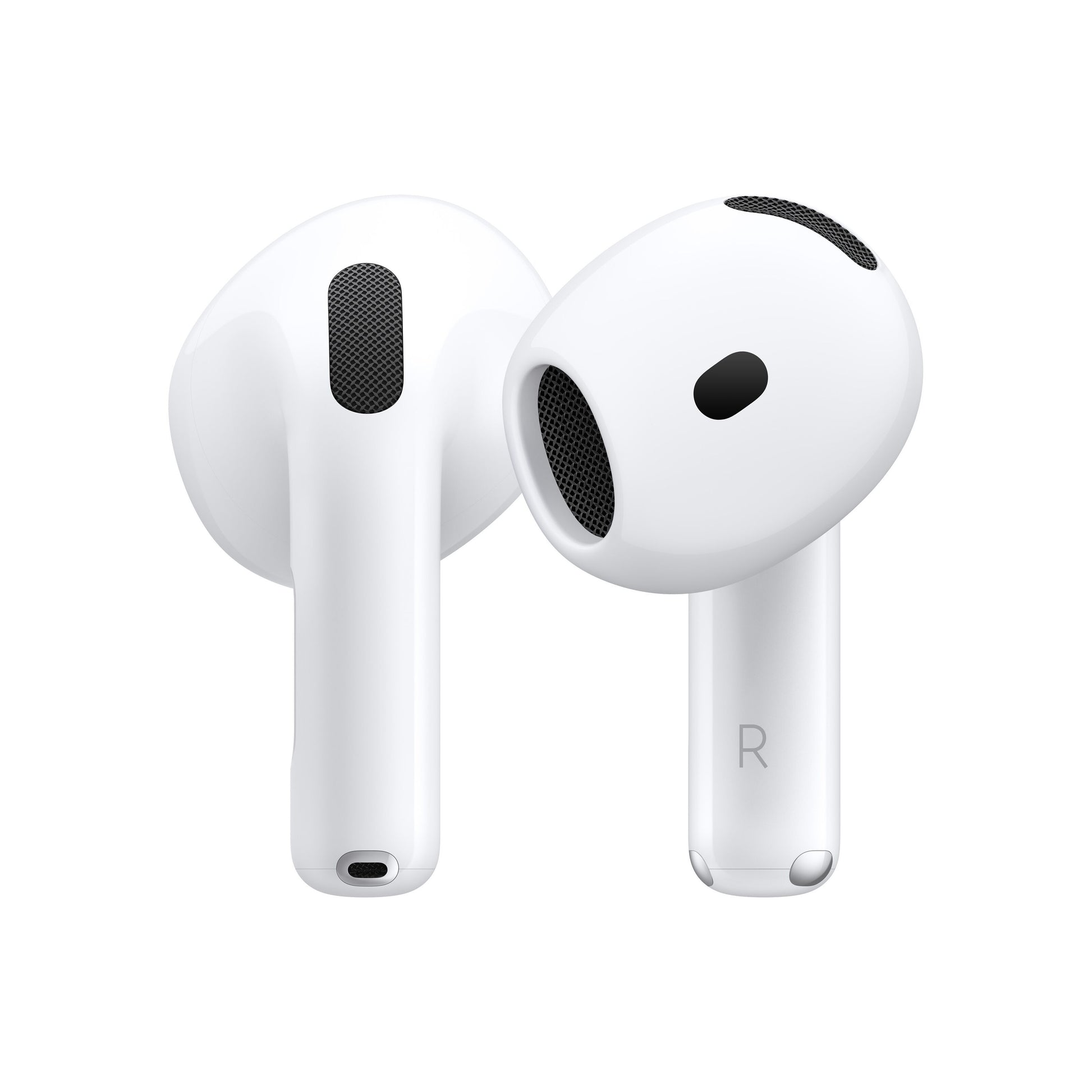 Apple AirPods 4 hvide, én øreprop oprejst, én lænet mod den, sorte højtalergitre og lille R-mærke på stangen.
