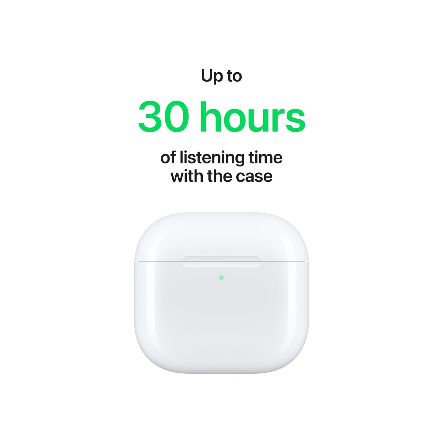 Apple AirPods 4 trådløs hvid opladeetui med teksten "Op til 30 timers lyttetid" hvor "30 timer" fremhæves i grønt.