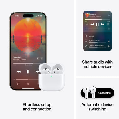 Apple iPhone med musikafspiller og Apple AirPods 4 foran, trådløse høretelefoner med rumlig lyd og automatisk enhedsskift.