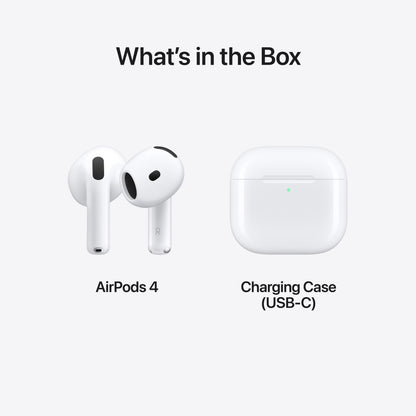 Apple AirPods 4 trådløse høretelefoner med USB-C opladningsetui og "What's in the Box"-tekst.