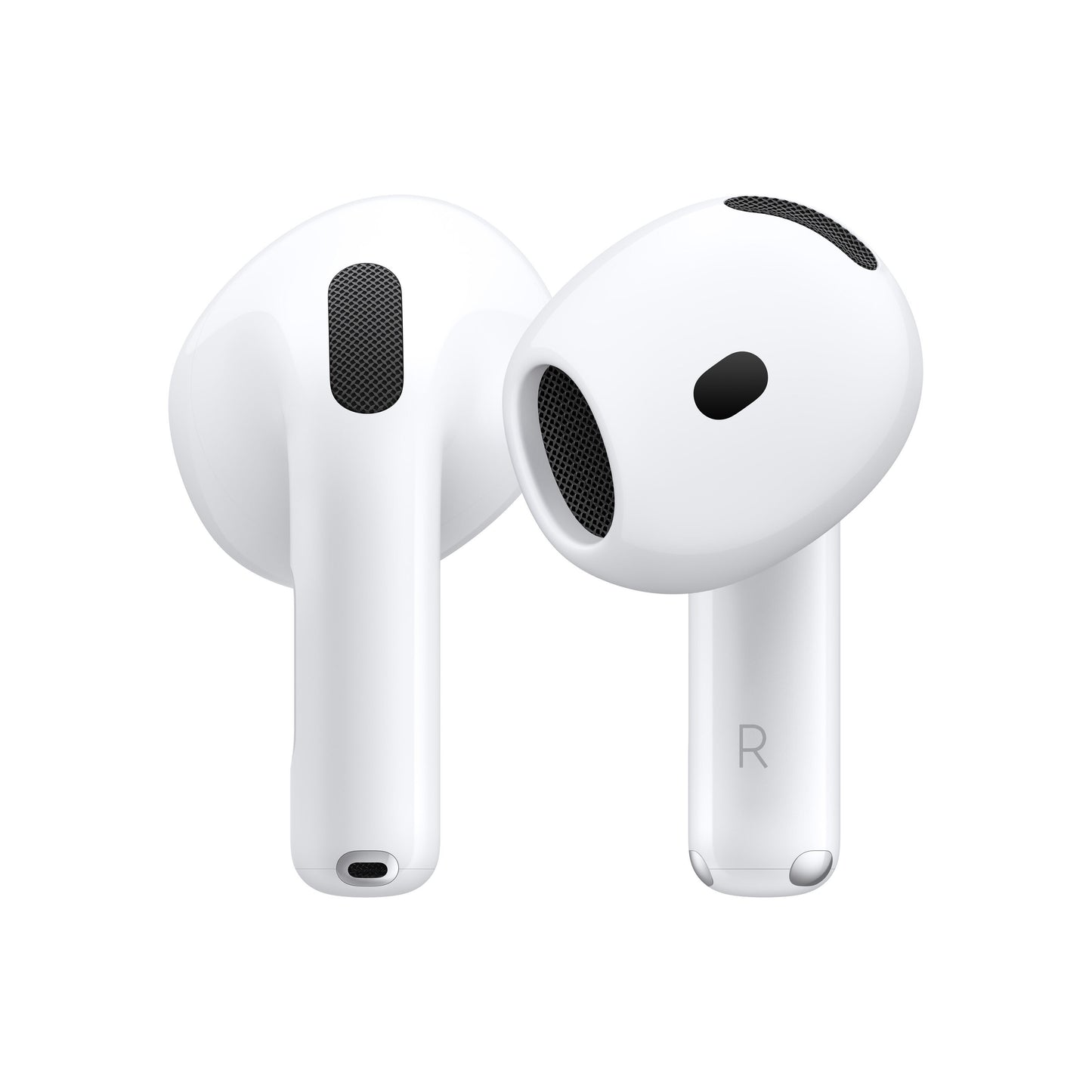 Apple AirPods 4 ANC trådløse høretelefoner, hvid med sorte højttalergitre, en oprejst og en vippet med opladerstik synlig.