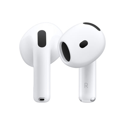 Apple AirPods 4 ANC trådløse høretelefoner, hvid med sorte højttalergitre, en oprejst og en vippet med opladerstik synlig.