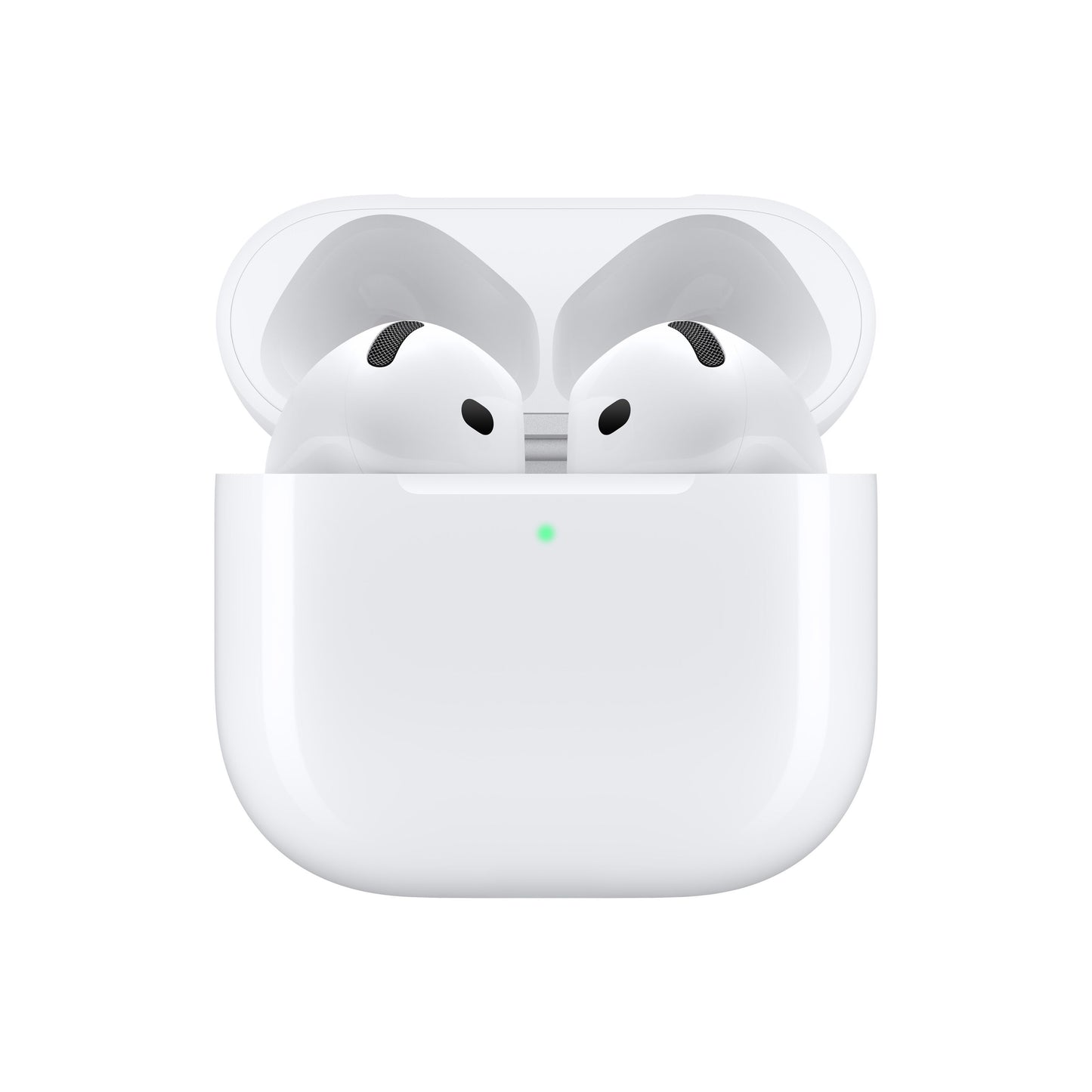 Apple AirPods 4 true wireless høretelefoner med ANC i åbent opladningsetui og grønt indikatorlys.