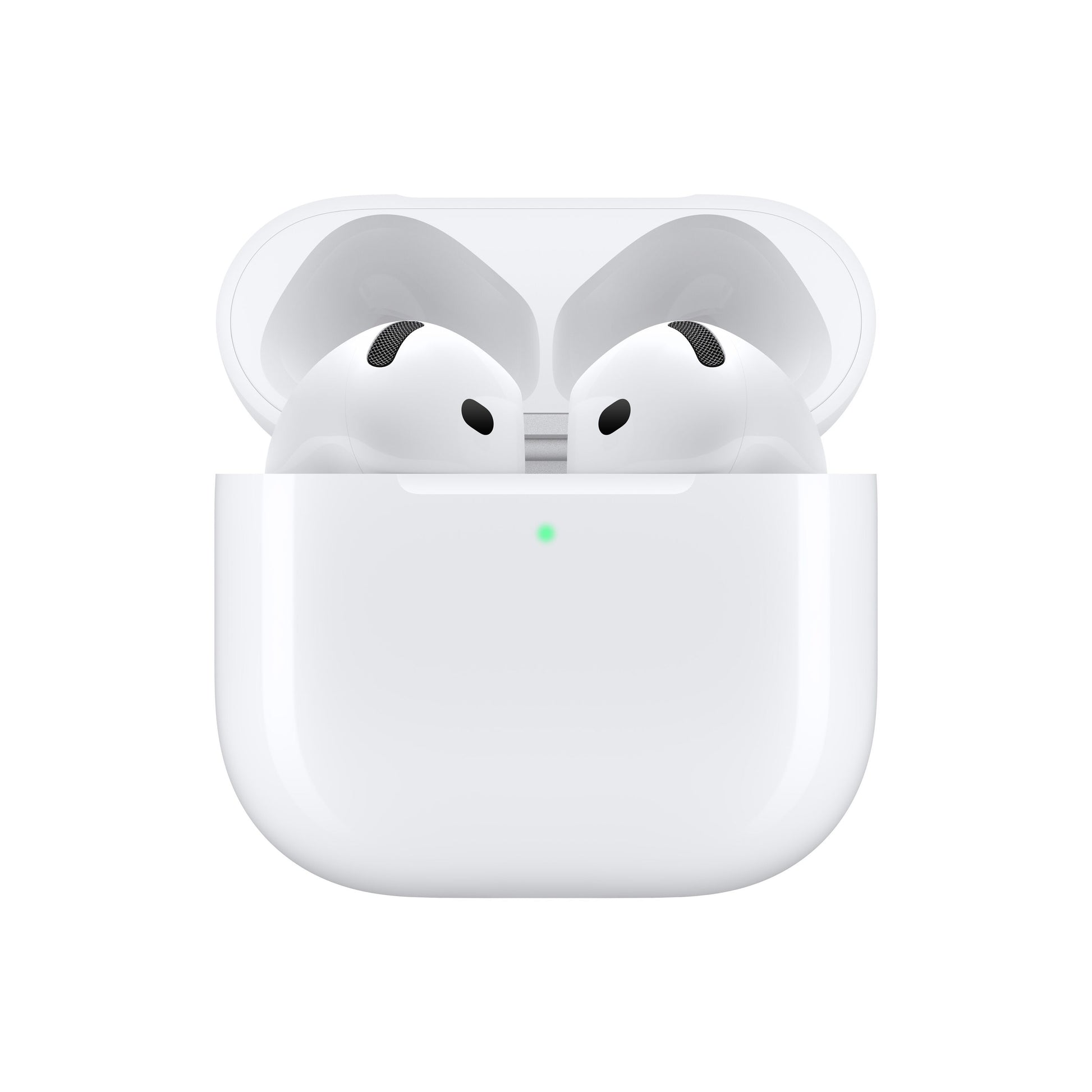 Apple AirPods 4 true wireless høretelefoner med ANC i åbent opladningsetui og grønt indikatorlys.