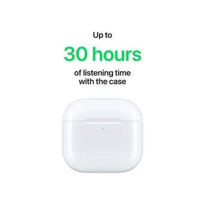 Apple AirPods 4 ANC trådløs opladningsetui hvid, tekst: Op til 30 timers lyttetid med etui.
