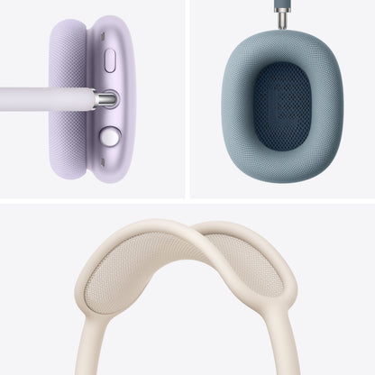Apple AirPods Max Stjernelys med lilla ørepude, blå inderside og beige hovedbøjle, aktiv støjreduktion.