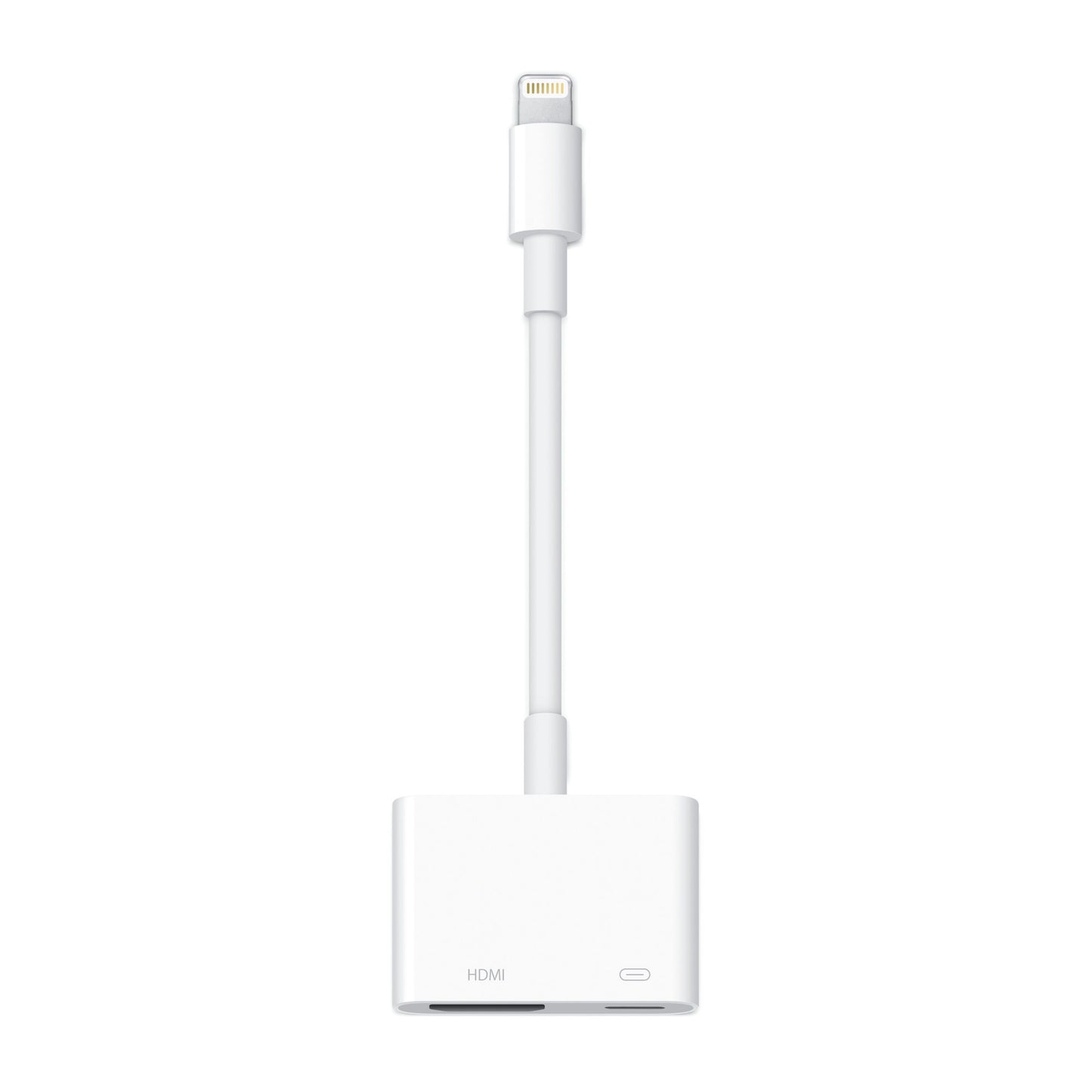Apple Lightning til HDMI adapter, hvid med kort kabel, Lightning stik, HDMI port og ekstra Lightning port.