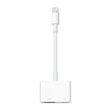 Apple Lightning til HDMI adapter, hvid med kort kabel, Lightning stik, HDMI port og ekstra Lightning port.