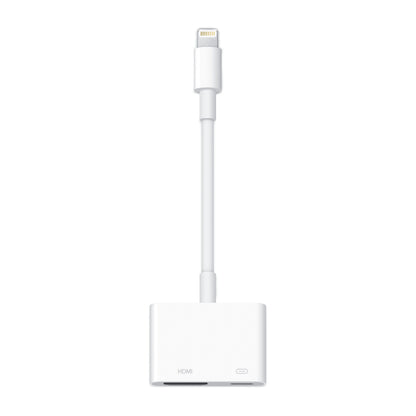 Apple Lightning til HDMI adapter, hvid med kort kabel, Lightning stik, HDMI port og ekstra Lightning port.