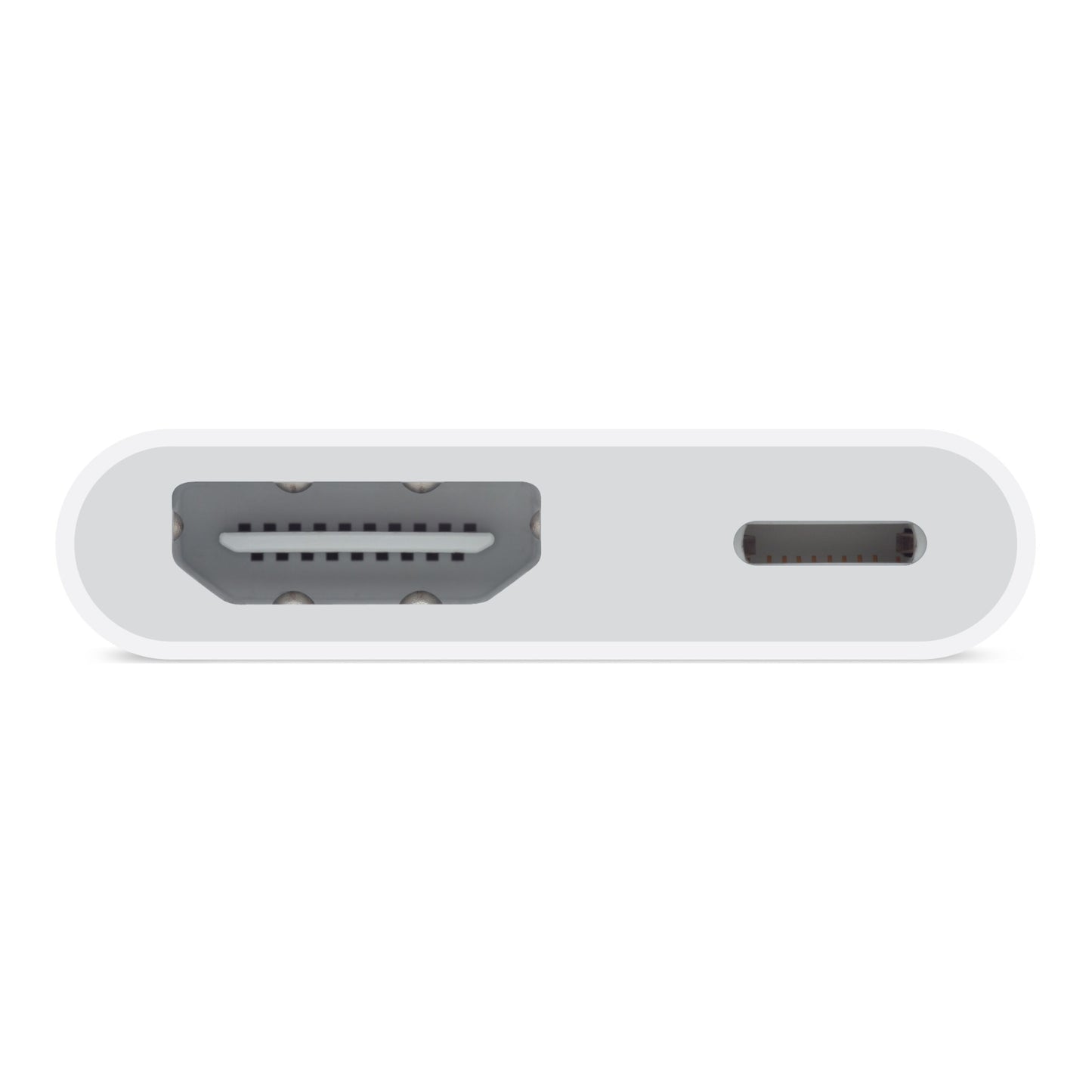 Apple Adapter Lightning til HDMI, nærbillede af portpanel med HDMI-port til venstre og USB-C-port til højre.