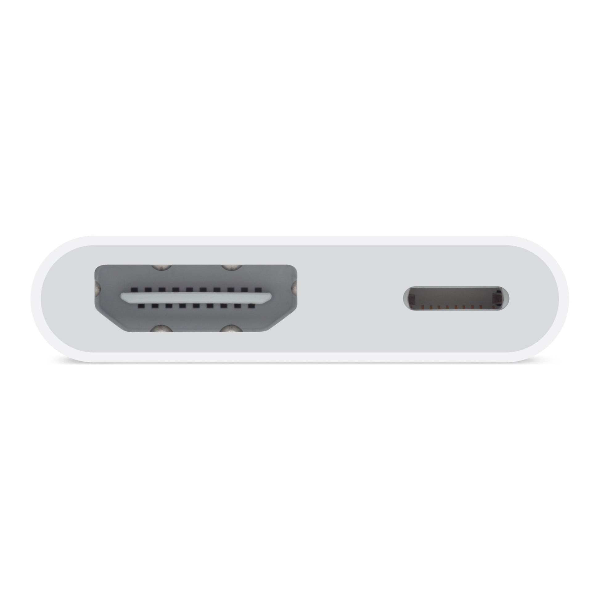 Apple Adapter Lightning til HDMI, nærbillede af portpanel med HDMI-port til venstre og USB-C-port til højre.