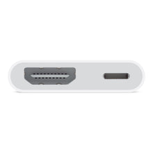 Apple Adapter Lightning til HDMI, nærbillede af portpanel med HDMI-port til venstre og USB-C-port til højre.