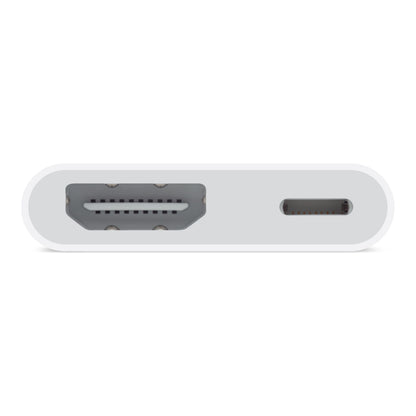 Apple Adapter Lightning til HDMI, nærbillede af portpanel med HDMI-port til venstre og USB-C-port til højre.