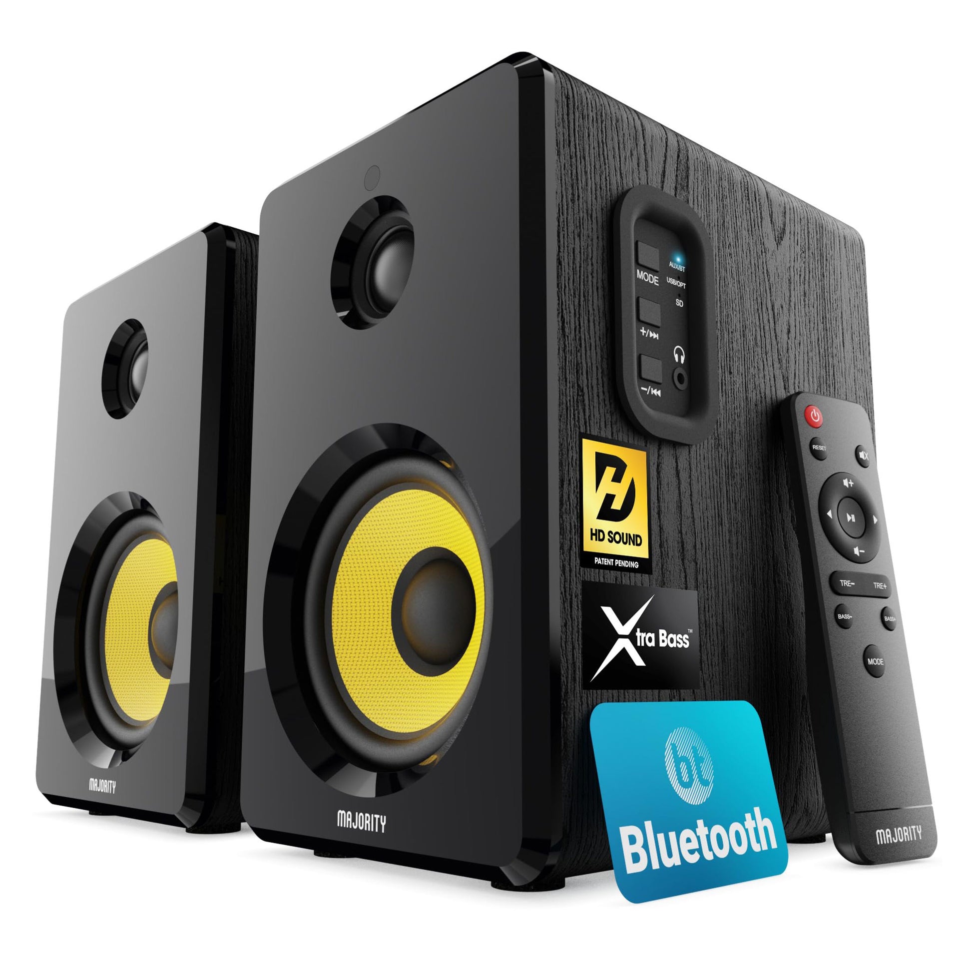 Majority D40X sorte aktive højttalere med gule enheder, fjernbetjening, HD Sound, Xtra Bass, Bluetooth 5.3-logo på forsiden.