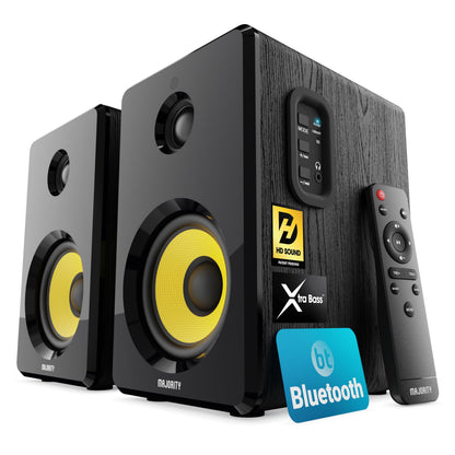 Majority D40X sorte aktive højttalere med gule enheder, fjernbetjening, HD Sound, Xtra Bass, Bluetooth 5.3-logo på forsiden.